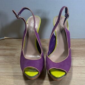 Jessica Simpson Purple Suede Peep-Toe Slingback Heels with Lime Accents